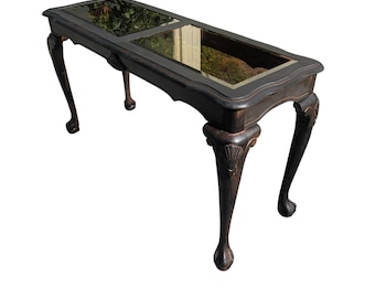 Luxury Shou Sugi Ban Entryway Console Table with Smoked Glass, Charred Sofa Table, High-End Queen Anne Ball and Claw Accent Table