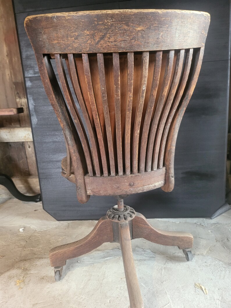 antique wood office chair, antique slat chair, rolling slat chair, rolling wood chair, antique rolling office chair, antique wood chair image 3