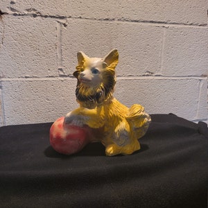dog, dog sculpture, dog and ball, collie, plaster dog, chalkware dog, yellow dog, dog art, dog lover, dog figurine , puppy sculpture