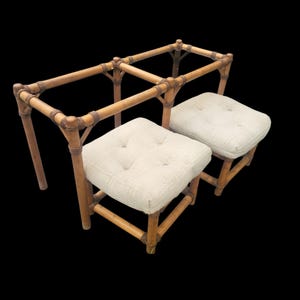 Vintage Bamboo Style Coffee Table with Matching Stools | Boho Rattan-Inspired Table & Seat Set | 50”W x 18”D x 26”H | Unique Bohemian Coasta