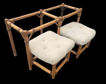 Vintage Bamboo Style Coffee Table with Tufted Stools | Boho Coastal Decor