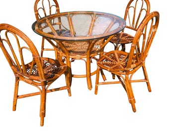 Designer Vintage Pier 1 Bentwood Rattan Dining Set & Glass Table | Boho Chic Sunroom Breakfast Set | Luxury Coastal Mid Century Furniture