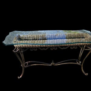 Vintage Wrought Iron & Wicker Console Table – 51” Rustic Chippy Paint Glass Top Entry Table