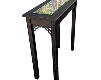 Shou Sugi Ban Console Table: Hand-Charred Wood, Beveled Mirror Top, Wabi-Sabi Entryway Furniture