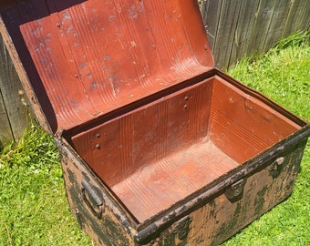 Vintage Metal Storage Trunk: Chippy Patina, Red Oxide Interior