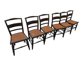 Antique Hitchcock Dining Chairs - Set of 6, Black & Gold Stencil, Caned Seats