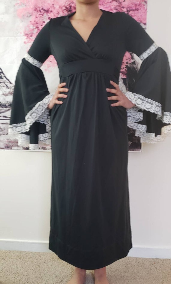black dress, vintage black dress, flared sleeves,