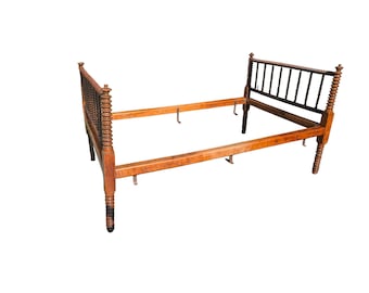 19th Century Spool Bed Frame Full Size, Vintage Jenny Lind Turned Wood Bedstead, Turned Spindle Headboard & Footboard, Designer Statement Be