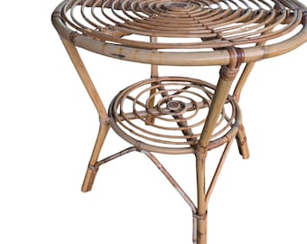 Bamboo Rattan Side Table | Organic Modern Bentwood Plant Stand Accent Table | Two-Tier Coastal Woven Drinks Table