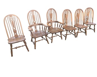 Set of 6 Heavy Solid Oak Bow-Back Windsor Dining Chairs (2 Armchairs, 4 Sides)