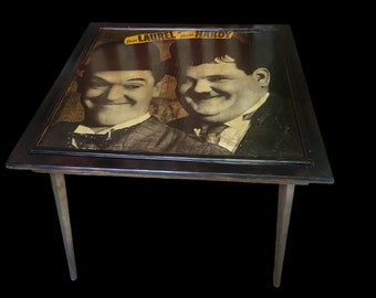 Handmade Laurel & Hardy Decoupage Table: Retro Hollywood Decor