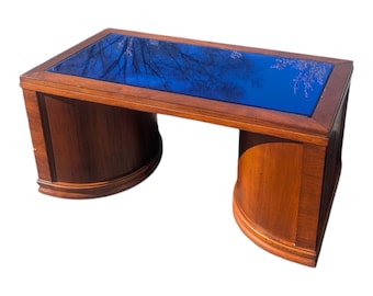 Art Deco Cobalt Glass Coffee Table  Waterfall Pedestal & Hidden Bar