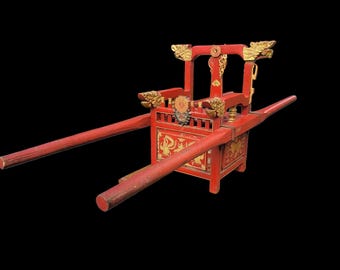 Vintage Chinese Red & Gold Ceremonial Palanquin Dragon and Tiger Temple Sedan Chair