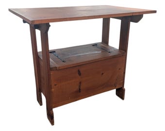 Antique Pine Hutch Table – Monk's Bench with Storage, Early American Style