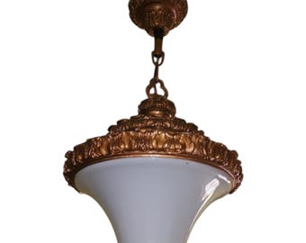 Antique 1930s Church Pendant Light – Ornate Gilt Cast Metal Opal Glass Globe