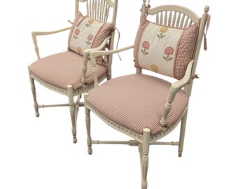 Vintage Century Chair Co. French Country Armchairs - Wheat Back, Gingham Floral - Pair