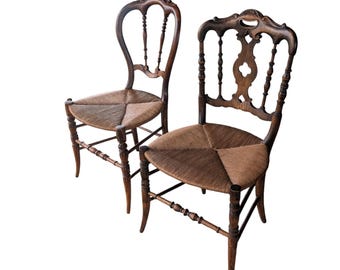 Antique French Country Dining Chairs, Rush Seat Side Chairs Pair, Provincial Walnut Accent Chairs, High End Vintage Seating, Set of 2