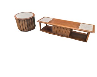 Mid Century Modern Walnut Coffee Table Set, Arched Commode Side Table, Travertine Inlay