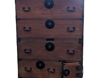 Antique Japanese Meiji Tansu Chests | 2-Section Stacked Paulownia & Iron