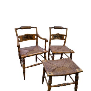 Vintage Hitchcock Chair Set with Ottoman – Hand-Stenciled Wood Armchair & Matching Footstool – Classic Colonial Revival Accent Seating