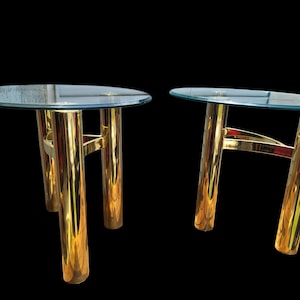 Vintage Gold & Glass Side Tables | Round Modern Accent Tables | 21.5&quot; Tall | Hollywood Regency Glam,gold tubular side table