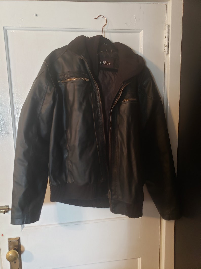 Mens Guess Leather Jacket With Hood Sz Xl