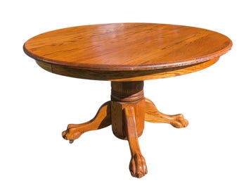 Vintage Solid Oak Extension Dining Table | Pedestal, Lion's Paw Feet, Casters