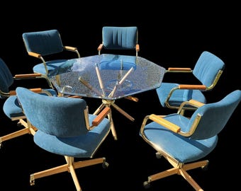 Vintage 90s Chromcraft Hexagon Dining Set: Blue Swivel Chairs, Mid-Century Modern