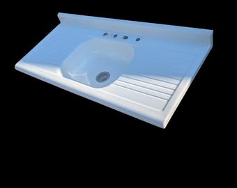 Vintage Mid-Century Double Drainboard Kitchen Sink – Porcelain Enameled Steel Farmhouse Retro