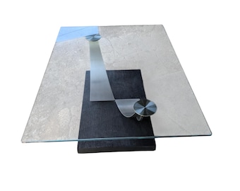 Postmodern Sculptural Glass Coffee Table | Architectural Curved Metal Base (50x36)