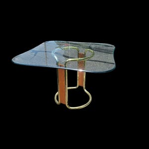 Vintage Gold & Wood Dining Table | 43&quot; Square Beveled Glass Top | Mid Century Modern Statement Table