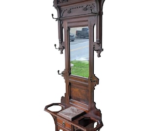 Luxury 19th-Century Victorian Eastlake Walnut Hall Tree | Grand Entryway Mirror & Marble Top | Fine Antique Furniture for Interior Designers