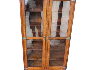 Antique Oak Glass Display Cabinet – Industrial Country Store Vitrine, Bookcase