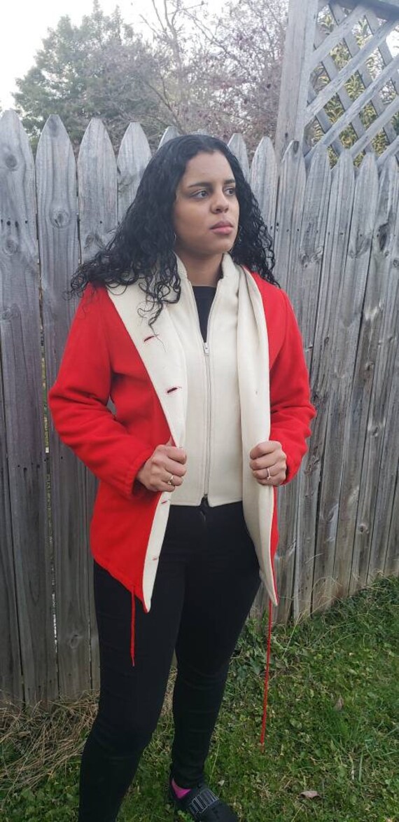 red jacket, vest coat, red coat, hooded red jacket