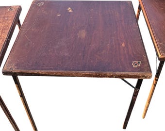 Rare Set of 3 Vintage Wood Folding Card Tables - 1940s Playing Card Motif - Industrial Game Room Decor - Mid Century Modern Den Furniture