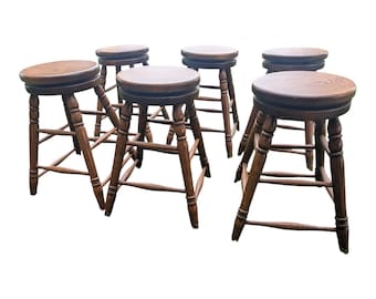 Set of 6 Vintage Solid Oak Swivel Counter Stools