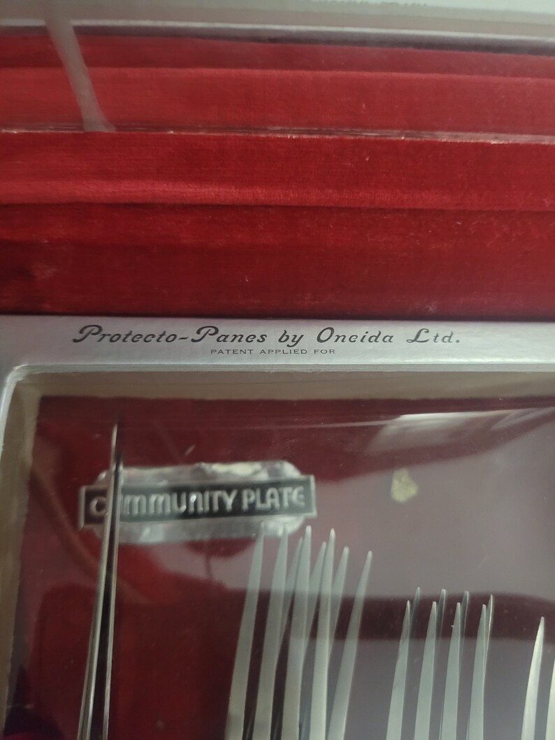 May include: A silver case with a red velvet lining. The case contains a set of silver forks with the words "Protector-Panes by Oneida Ltd. Patent Applied For" and "Community Plate" printed on the case.