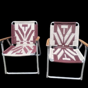 Pair of Vintage Macramé Folding Lawn Chairs – Boho Woven Patio Chairs with Aluminum Frames & Wooden Armrests