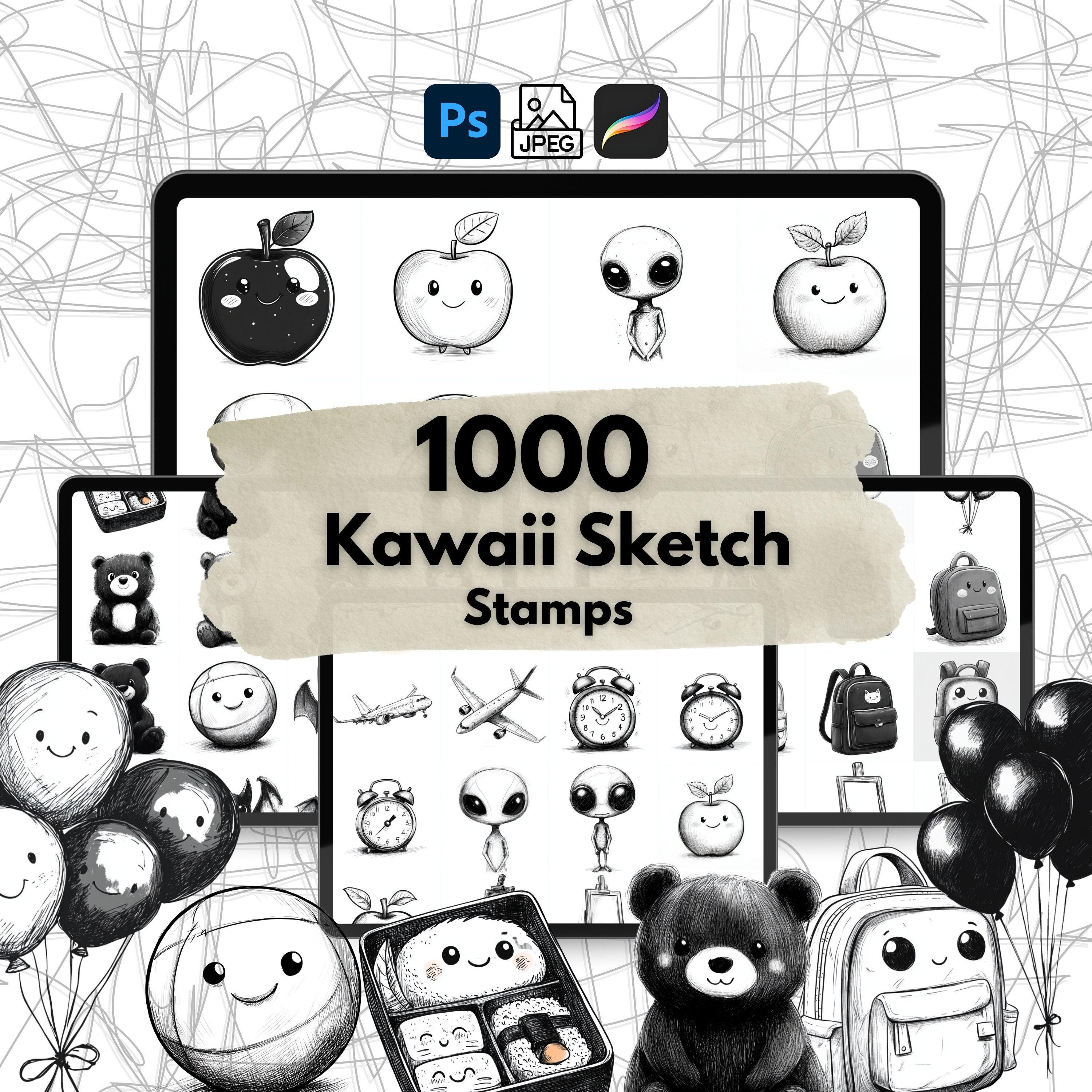 Más de 1000 sellos tipo sketch Kawaii para Procreate y Photoshop – Pinceles de line art, doodle a mano, set chibi