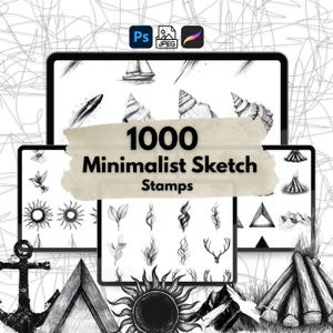 Könnte beinhalten: Eine digitale Illustration von 1000 minimalistischen Skizzen-Stempeln. Die Stempel sind schwarzweiß und beinhalten Bilder von einem Boot, Muscheln, einem Vogel, einer Sonne, Blättern, Rauch, einem Hirsch, einem Dreieck, Bergen, einem Lagerfeuer, einem Anker und einem Berg.