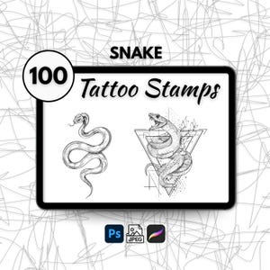 Könnte beinhalten: Digitaler Kunstdruck mit zwei detaillierten Schlangen-Tattoo-Stempel-Designs. Das Bild enthält den Text "SNAKE" und "100 Tattoo Stamps" mit Symbolen für Photoshop, JPEG und Procreate.