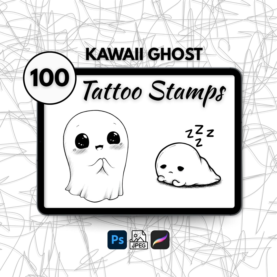 100 Kawaii Ghost Tattoo Stamps, Procreate Cute Ghost Tattoo Brushes ...