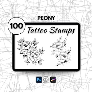 100 Pfingstrose Tattoo Stempel, Procreate Pfingstrose Tattoo Bürsten, Pfingstrose Line Art Tattoo Designs, Photoshop Tattoobürsten