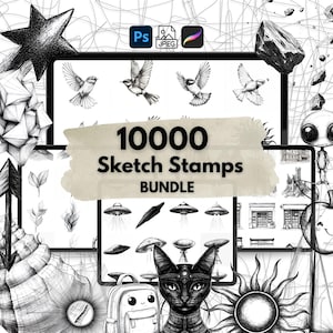 Könnte beinhalten: Schwarz-weißes digitales Kunstpaket mit verschiedenen Skizzenstempeln. Enthält Bilder von Vögeln, UFOs, einer Katze und anderen skurrilen Designs. Der Text lautet "10000 Sketch Stamps BUNDLE". Kompatibel mit Photoshop und Procreate.