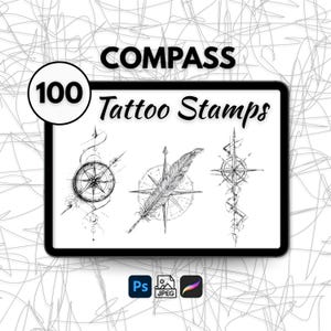 100 Compass Tattoo Stamps, Procreate Compass Tattoo Brushes, Compass Line Art Tattoo Designs, Photoshop Tattoo Brushes