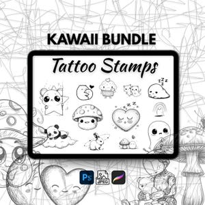 1000+ Kawaii Tattoo Stamps Bundle, Procreate söta tatueringspenslar, Kawaii tatueringsdesigner, Photoshop tatueringspenslar, Bedårande tatueringsblixtset