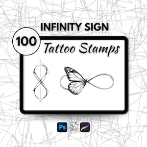 Puede incluir: Una impresión de arte digital con diseños de sellos de tatuajes. La imagen incluye el texto "INFINITY SIGN" y "100 Tattoo Stamps". Los diseños incluyen un símbolo de infinito y una mariposa con un cuerpo de símbolo de infinito. La imagen es en blanco y negro.