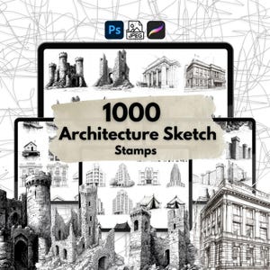 Más de 1000 sellos para bocetos de arquitectura, pinceles de arquitectura para Procreate, pinceles de construcción para Photoshop, arte lineal de estructuras dibujadas a mano