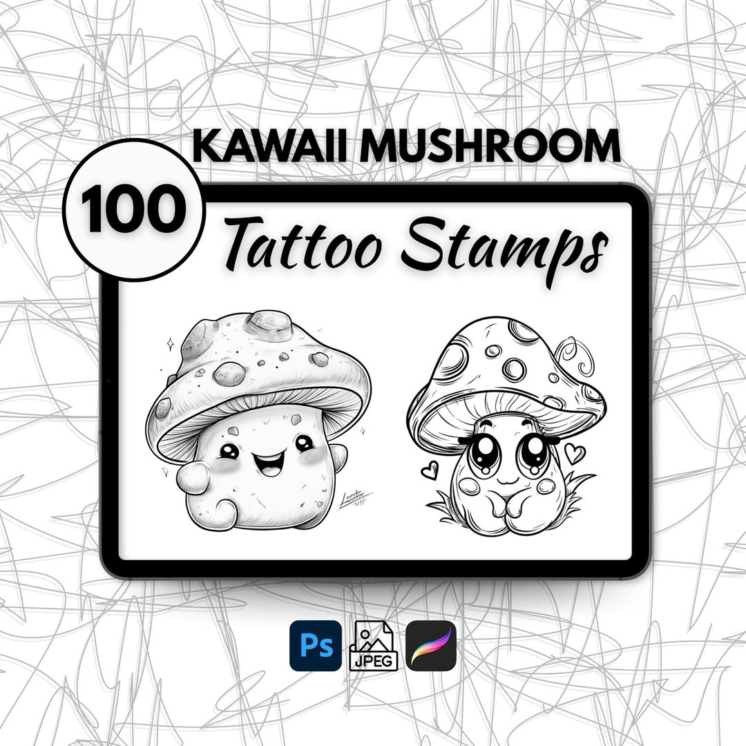 100 Kawaii Mushroom Tattoo Stamps, Procreate Cute Mushroom Tattoo ...