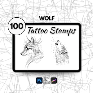 100 Wolf Tattoo Stamps, Procreate Wolf Tattoo Brushes, Wolf Line Art Tattoo Set, Photoshop Tattoo Brushes, Wild Animal Tattoo Design